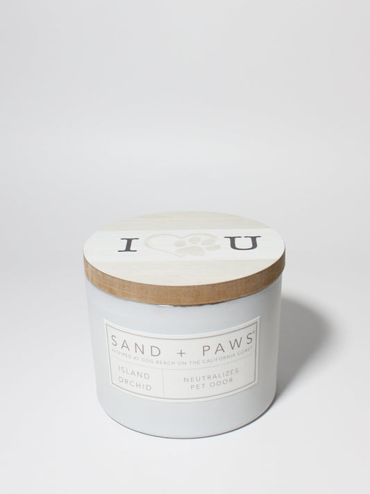 Sand + Paws Island Orchid 12 oz scented candle White Vessel with Painted I heart U lid